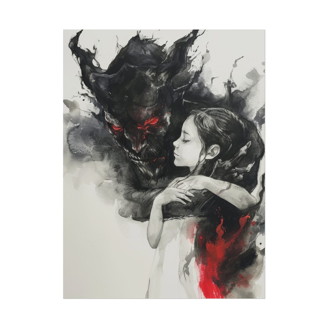 Dark Monster Embracing Girl With Red Eyes Fantasy Art Poster - Image 2