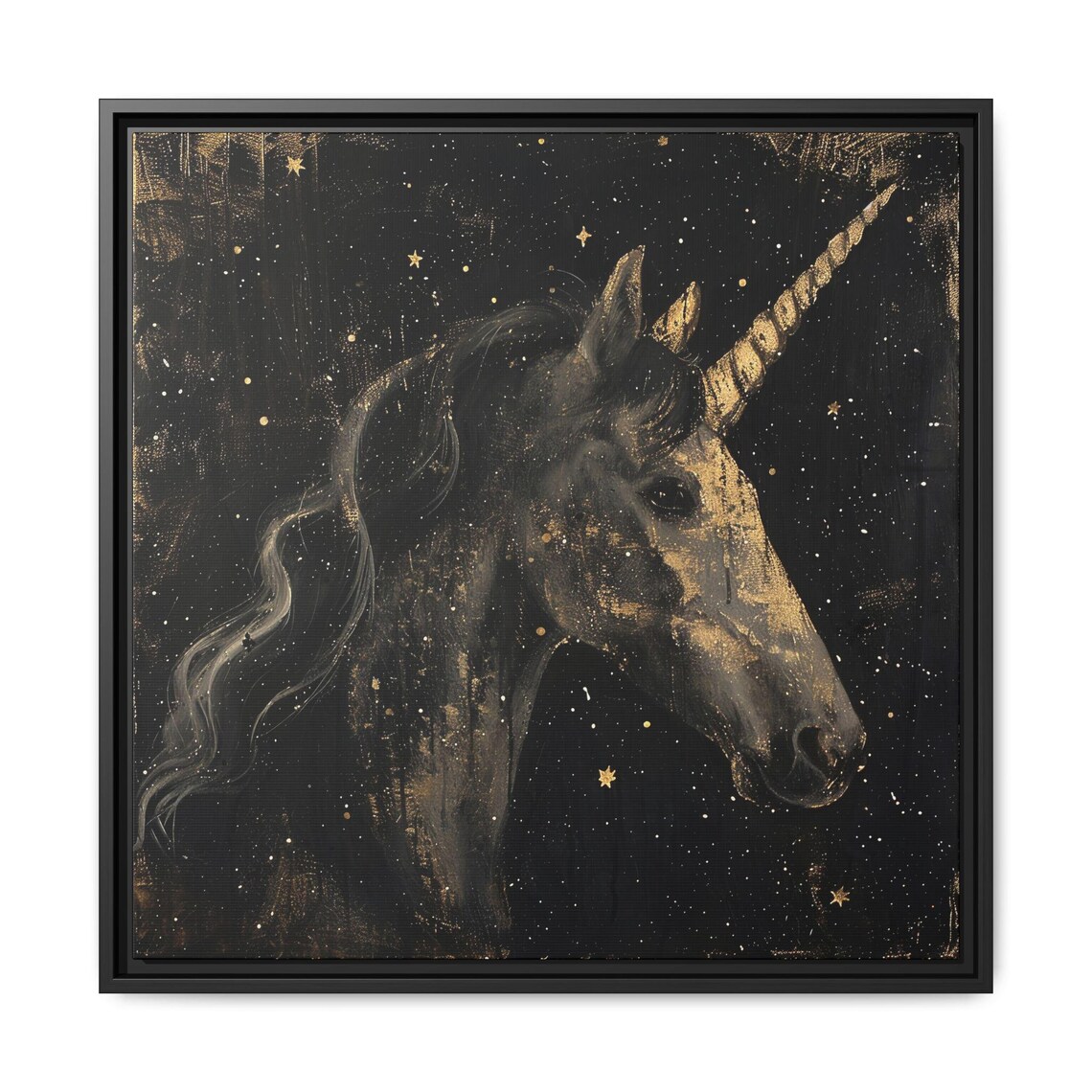 Majestic Gold Unicorn Head On Black Starry Night Painting Poster - Image 2