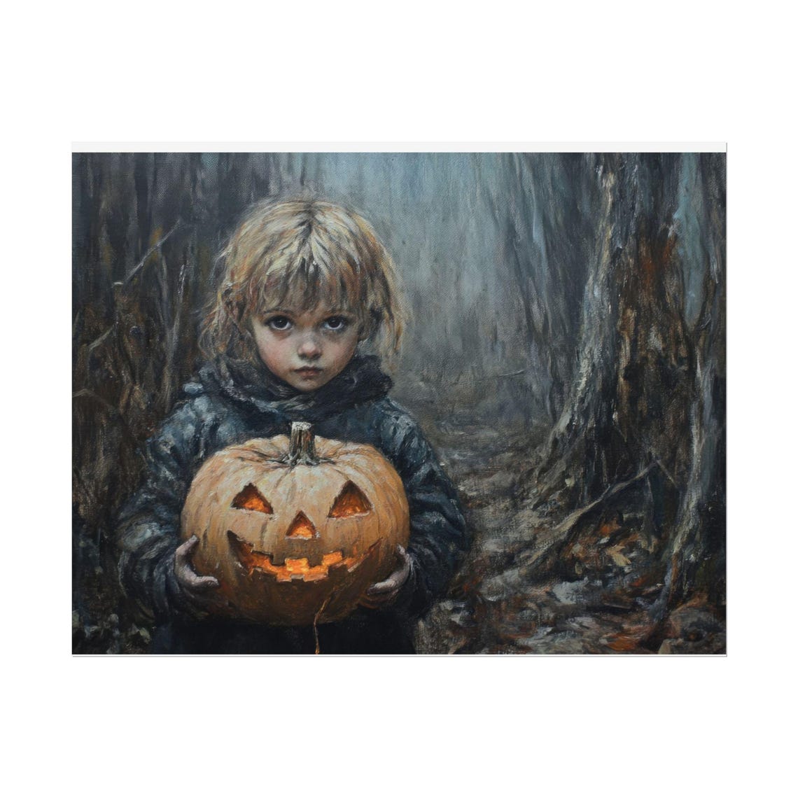 Child Holding A Glowing Jack O Lantern Moody Halloween Art Poster - Image 2