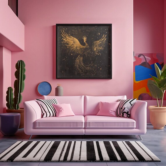 Rising Phoenix Wall Art Framed Phoenix Print Gold Sketch Starry Night Sky Home Decor Black Gold Contrast Artwork Bedroom Decor