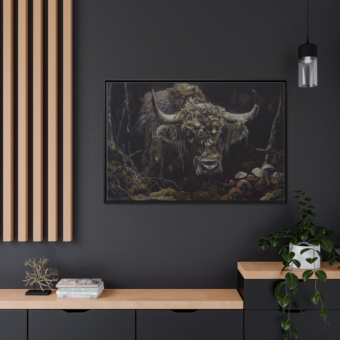 Moss Covered Highland Bull Dark Mushroom Forest Painting Poster - Image 2