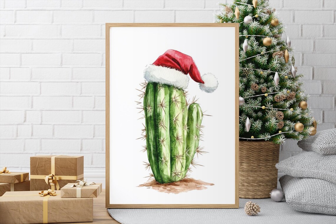 Cactus Wearing A Santa Hat Christmas Watercolor Painting Poster - Image 2