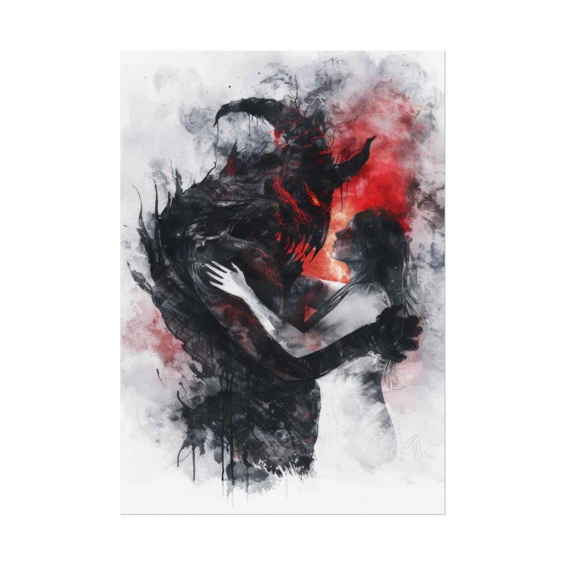 Demon Embracing Woman Dark Watercolor Fantasy Painting Poster - Image 2