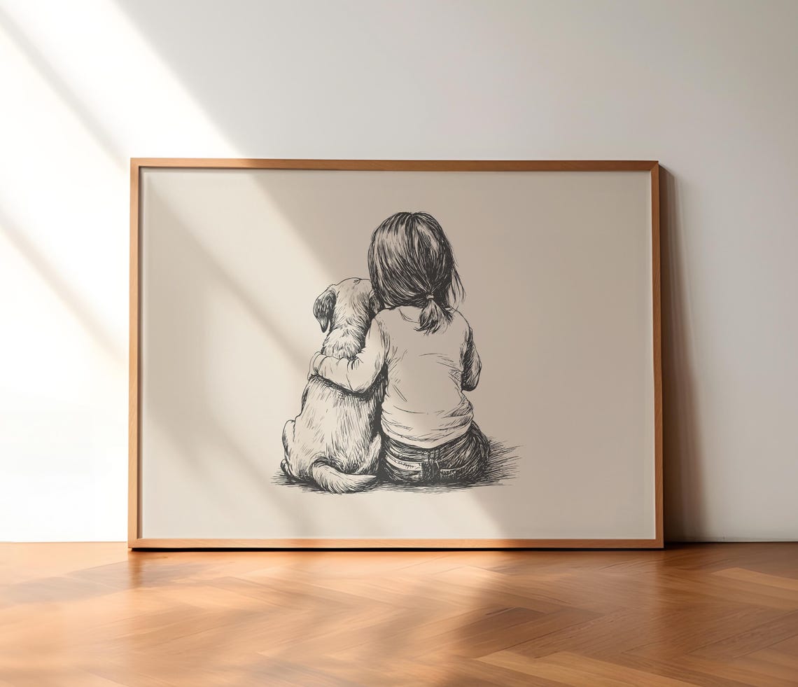 Girl And Labrador Retriever Nursery Print Dog Vintage Poster Girls Nursery Art Retro Dog Drawing Dog Art Sketch Baby Room Wall Decor - Image 3