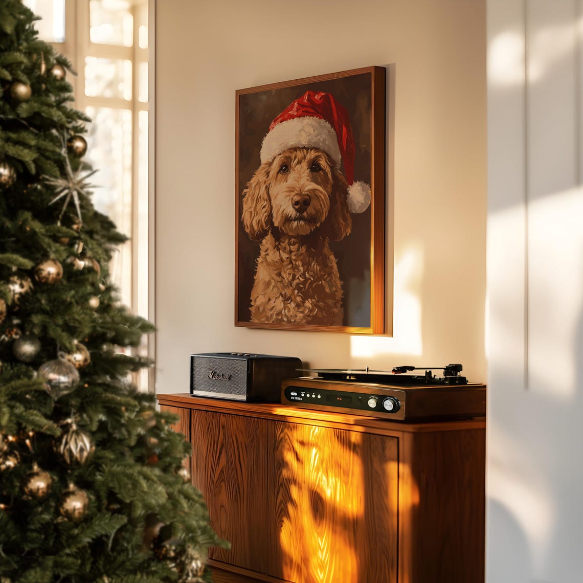 Christmas Pet Painting Goldendoodle Xmas Art Christmas Dog Decor Santa Dog Print Vintage Dog Art Goldendoodle Drawing Christmas Poster - Image 3