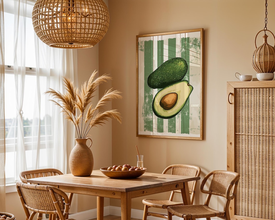 Retro Avocado Print Avocado Wall Art Kitchen Drawing Trendy Poster Art Farmhouse Kitchen Painting Vintage Kitchen Art Fruit Wall Decor - Image 2