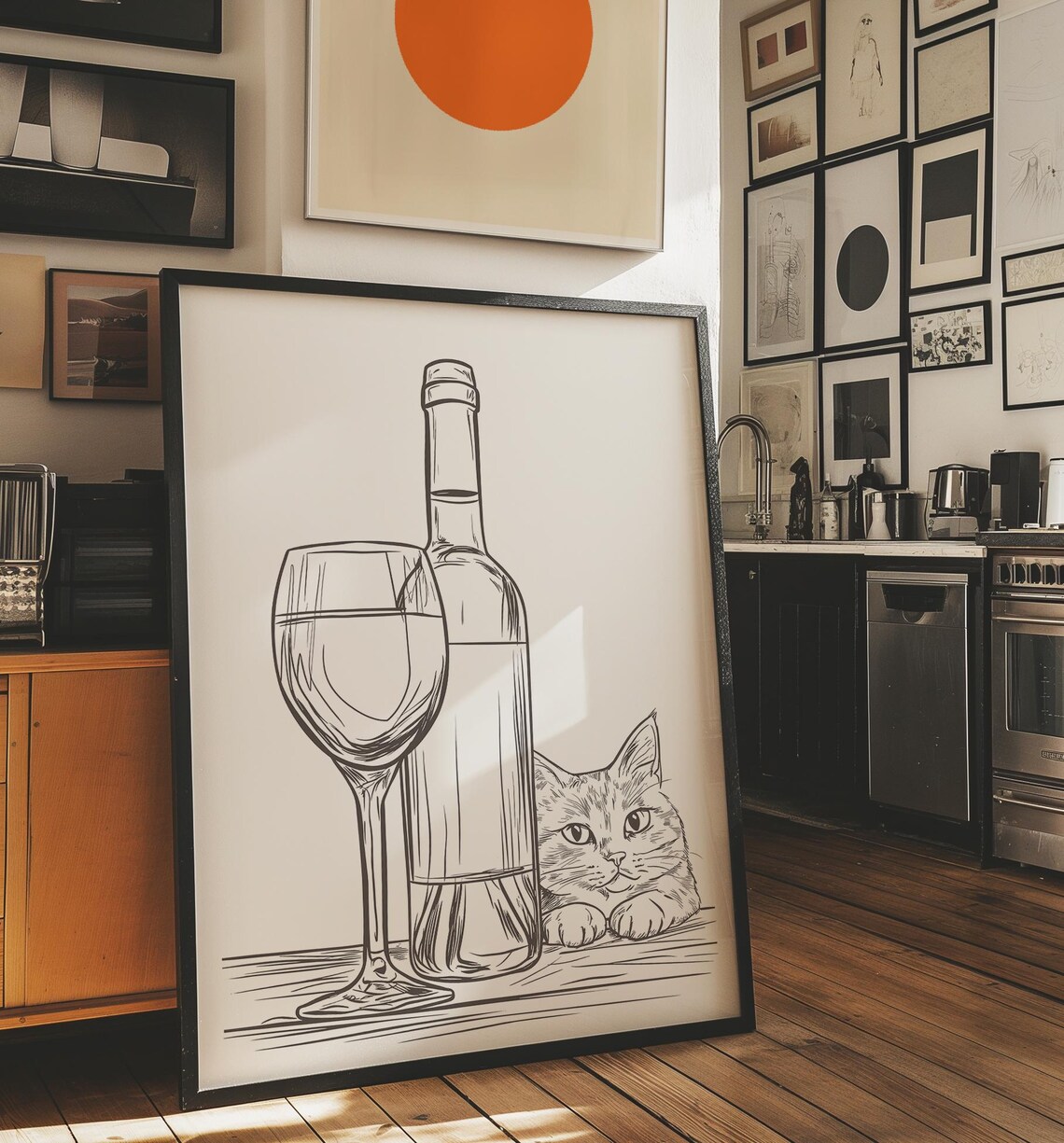 Curious Cat Peeking Behind Wine Bottle Funny Kitchen Line Art Poster - Image 3