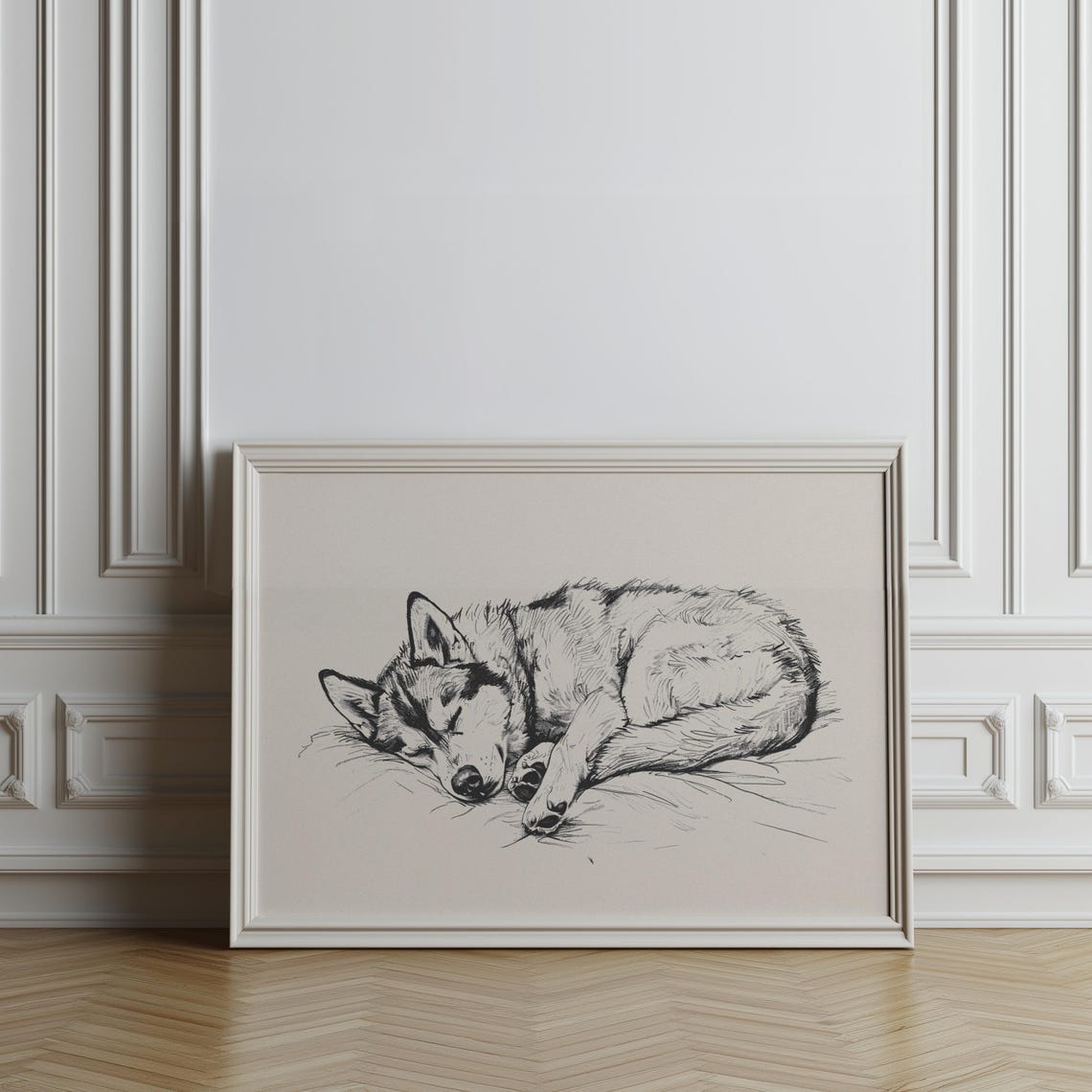 Husky Nursery Retro Print Girls Room Vintage Decor Sleeping Dog Wall Art Boys Room Sketch Baby Nursery Art Dog Drawing Dog Painting - Image 2