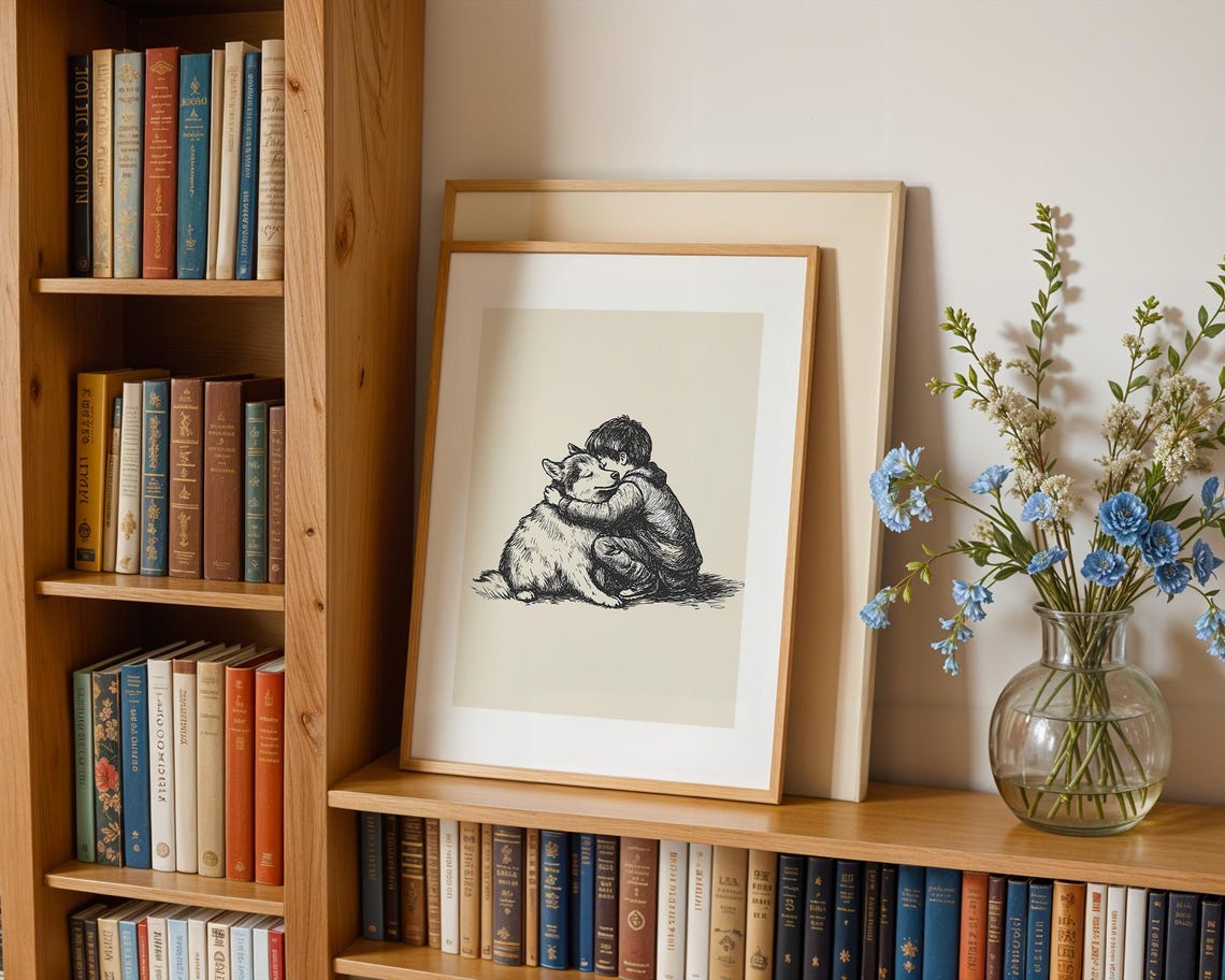 Boy And A Husky Poster Dog Vintage Print Antique Vintage Painting Farmhouse Wall Decor Country Wall Art Dog Drawing Dog Illustration - Image 3