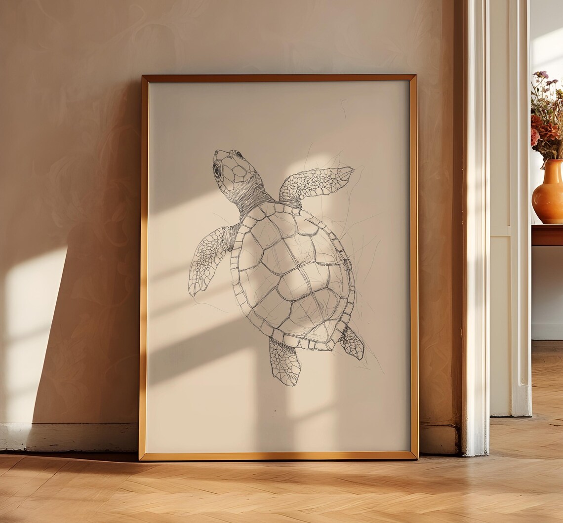 Sea Turtle Swimming Upward Delicate Fine Ink Drawing Vintage Poster - Image 2
