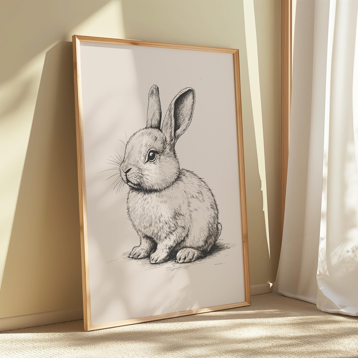 Cute Rabbit Bunny Sitting Vintage Line Sketch Nursery Poster - Image 2