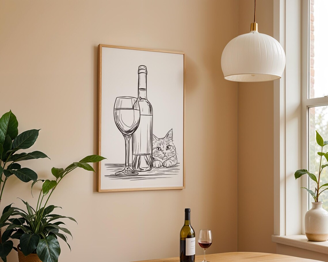 Curious Cat Peeking Behind Wine Bottle Funny Kitchen Line Art Poster - Image 2