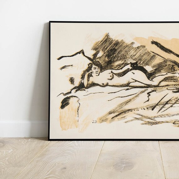 Vintage Sepia Sketch Reclining Nude Woman with Cat Art Poster