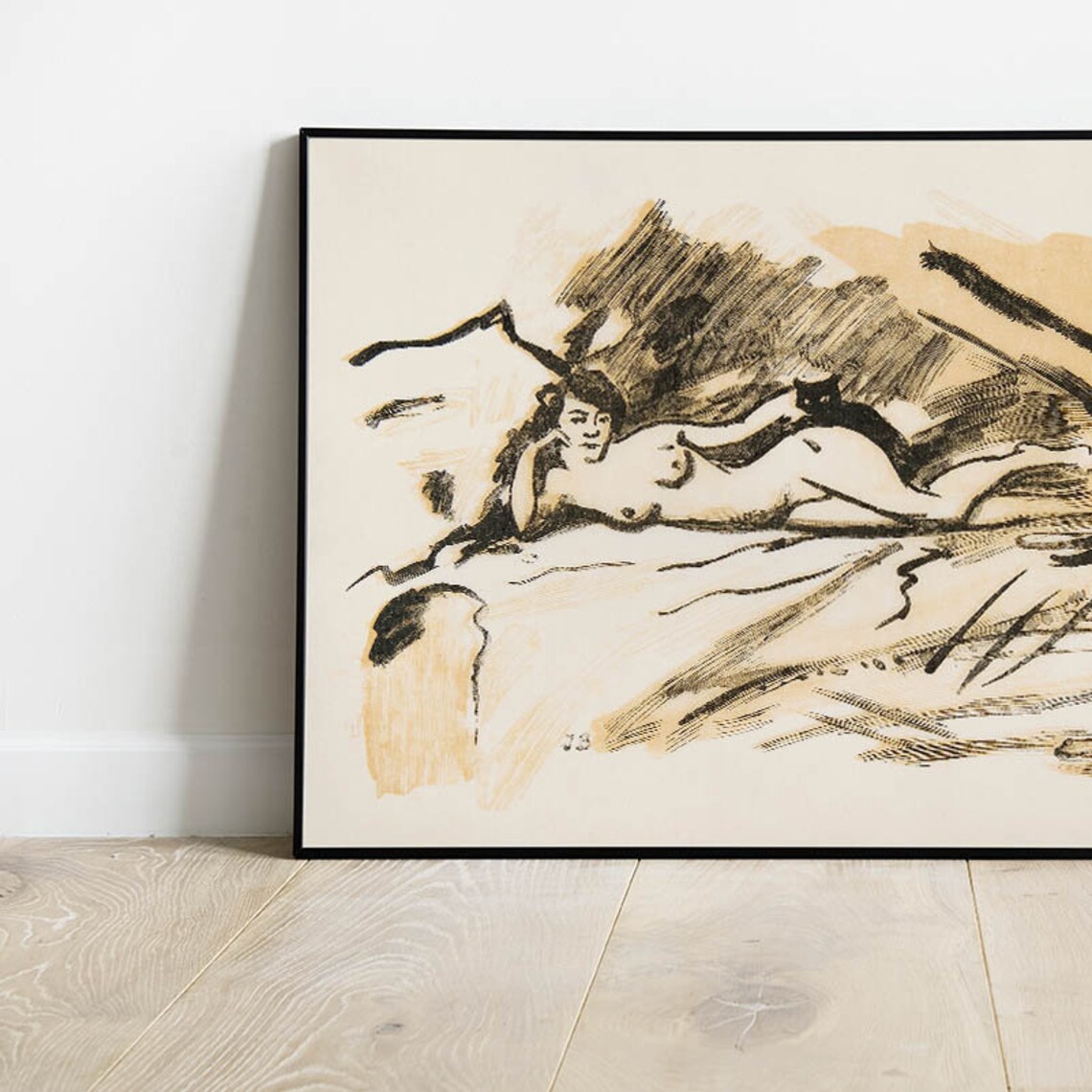 Vintage Sepia Sketch Reclining Nude Woman with Cat Art Poster