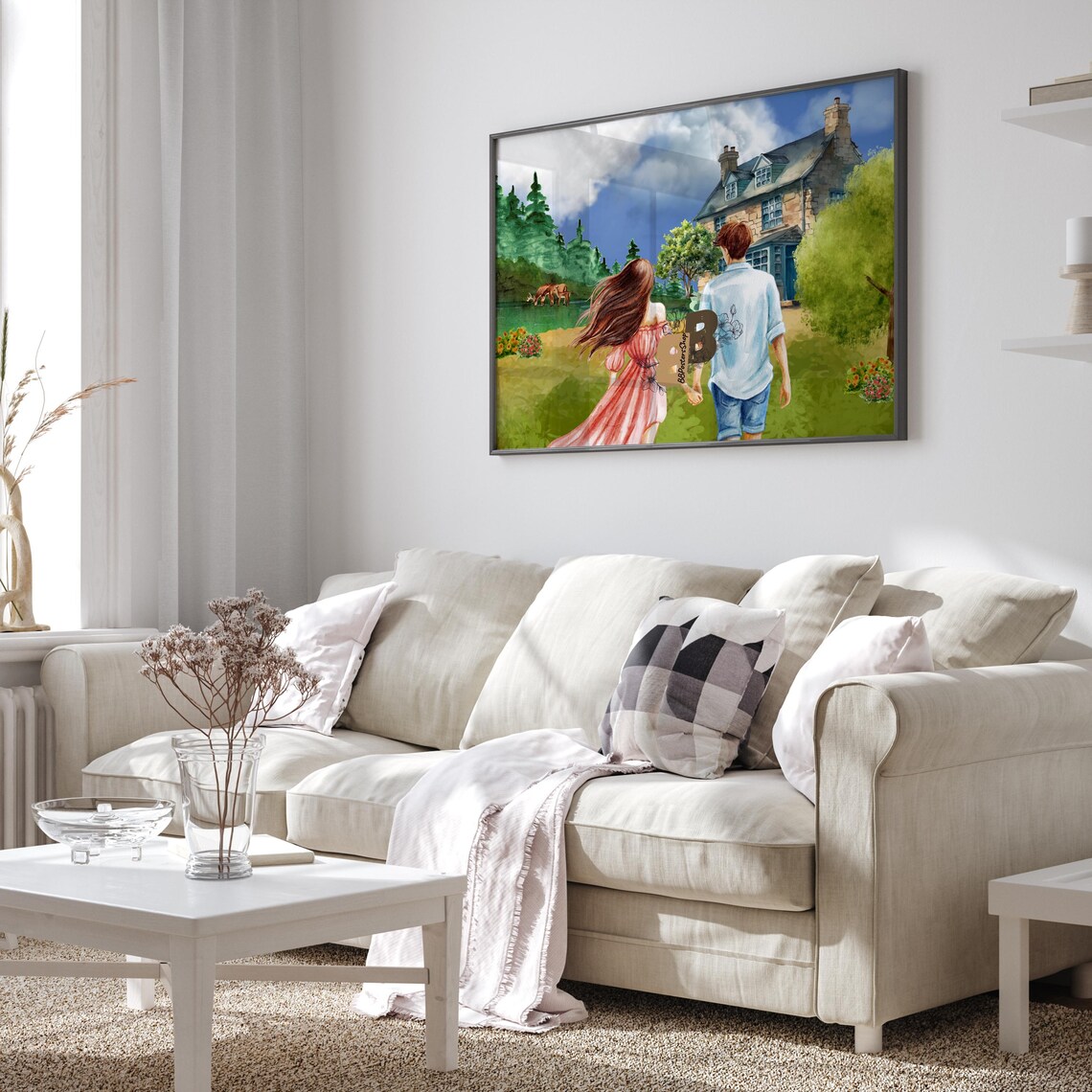 Couple Walking Hand in Hand Toward Country Cottage Art Poster