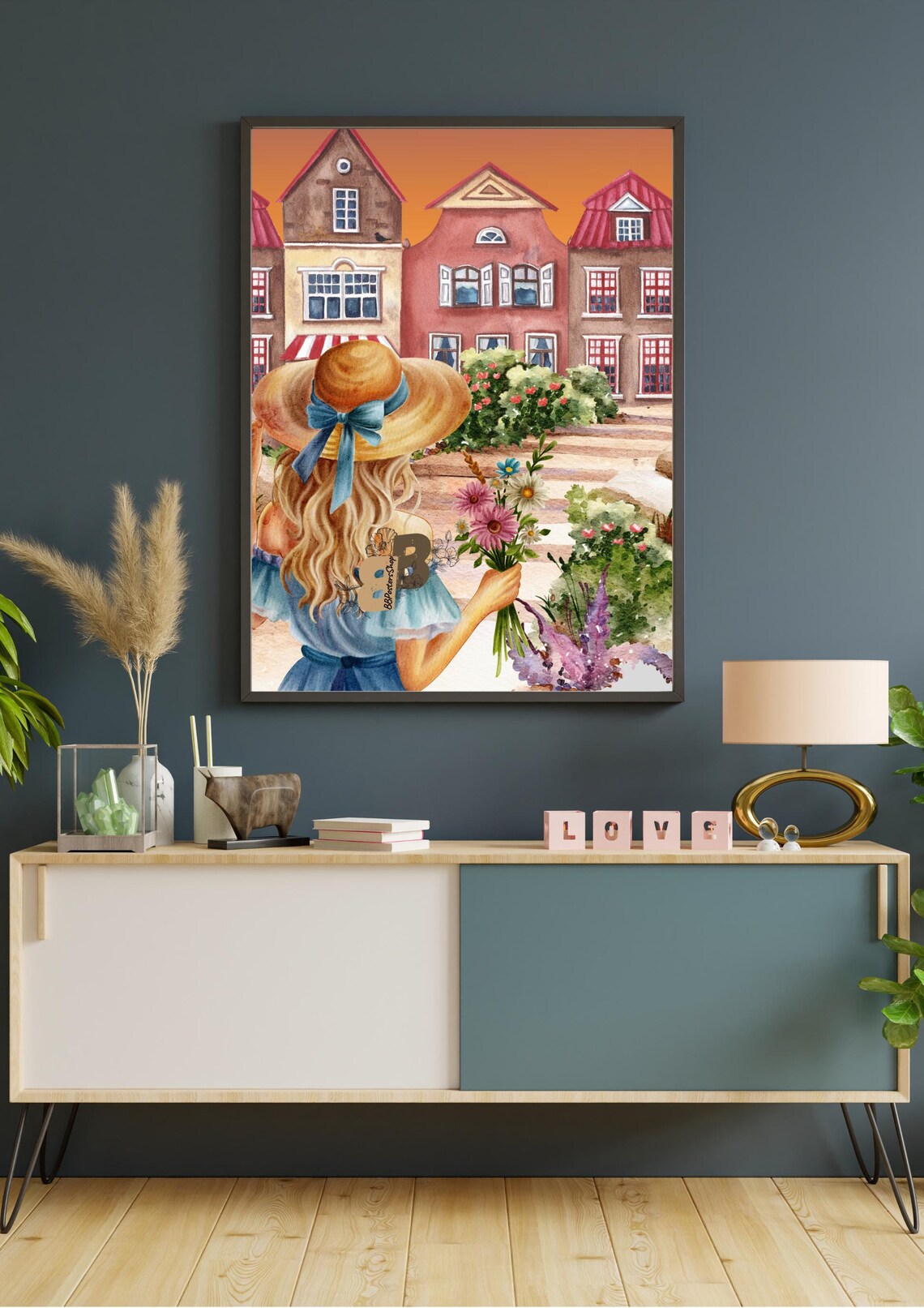 Girl with Straw Hat Holding Flowers in European Old Town Poster