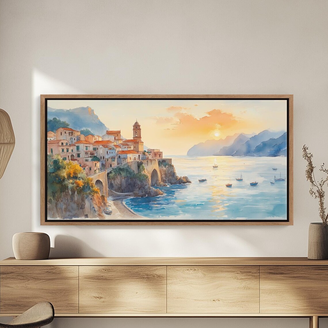 Mediterranean Cliffside Village Sunset Watercolor Harbor Poster