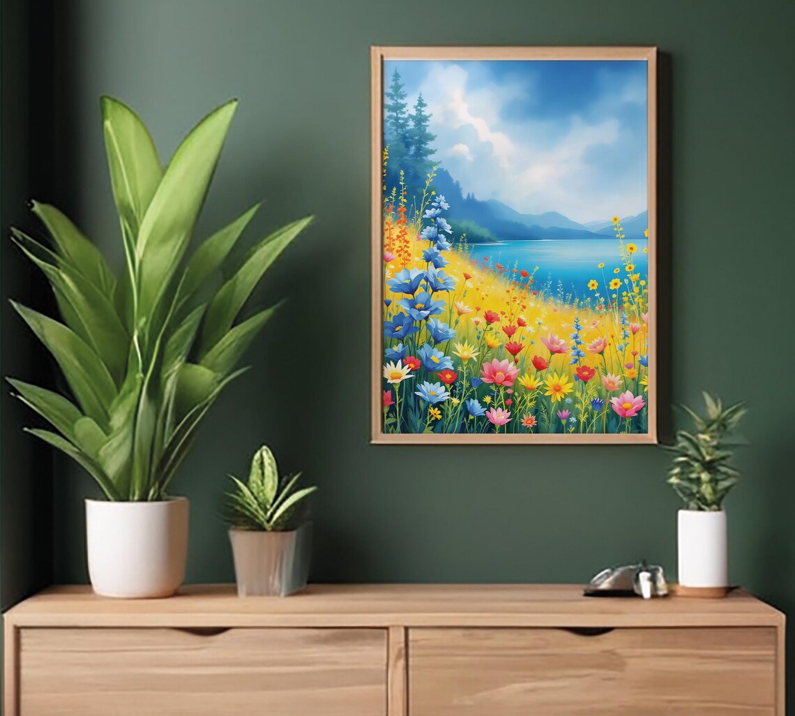 Wildflower Meadow Lake Watercolor Art Print Set Floral Landscape - Image 4