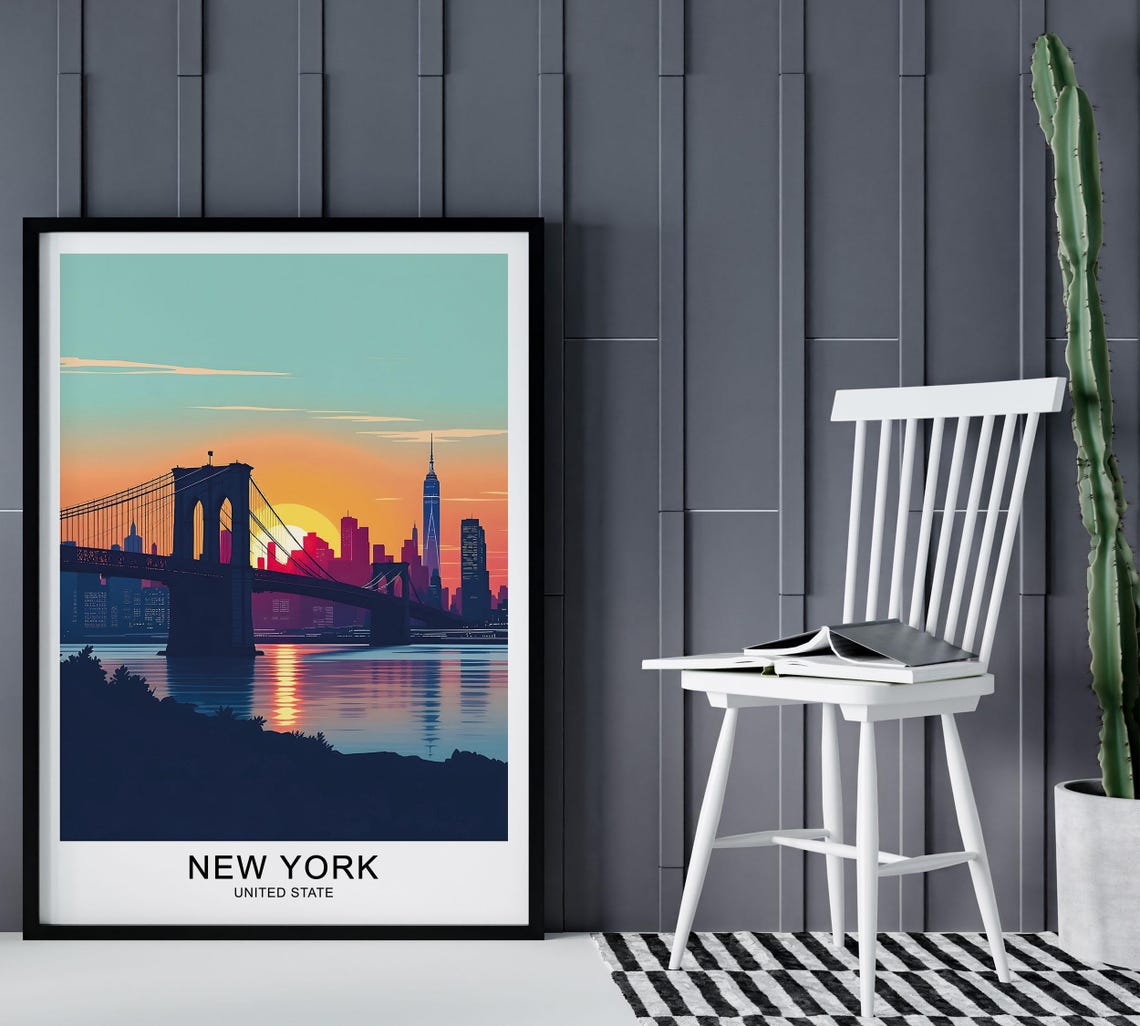 New York Brooklyn Bridge Sunset Skyline Night Lights Travel Poster - Image 2