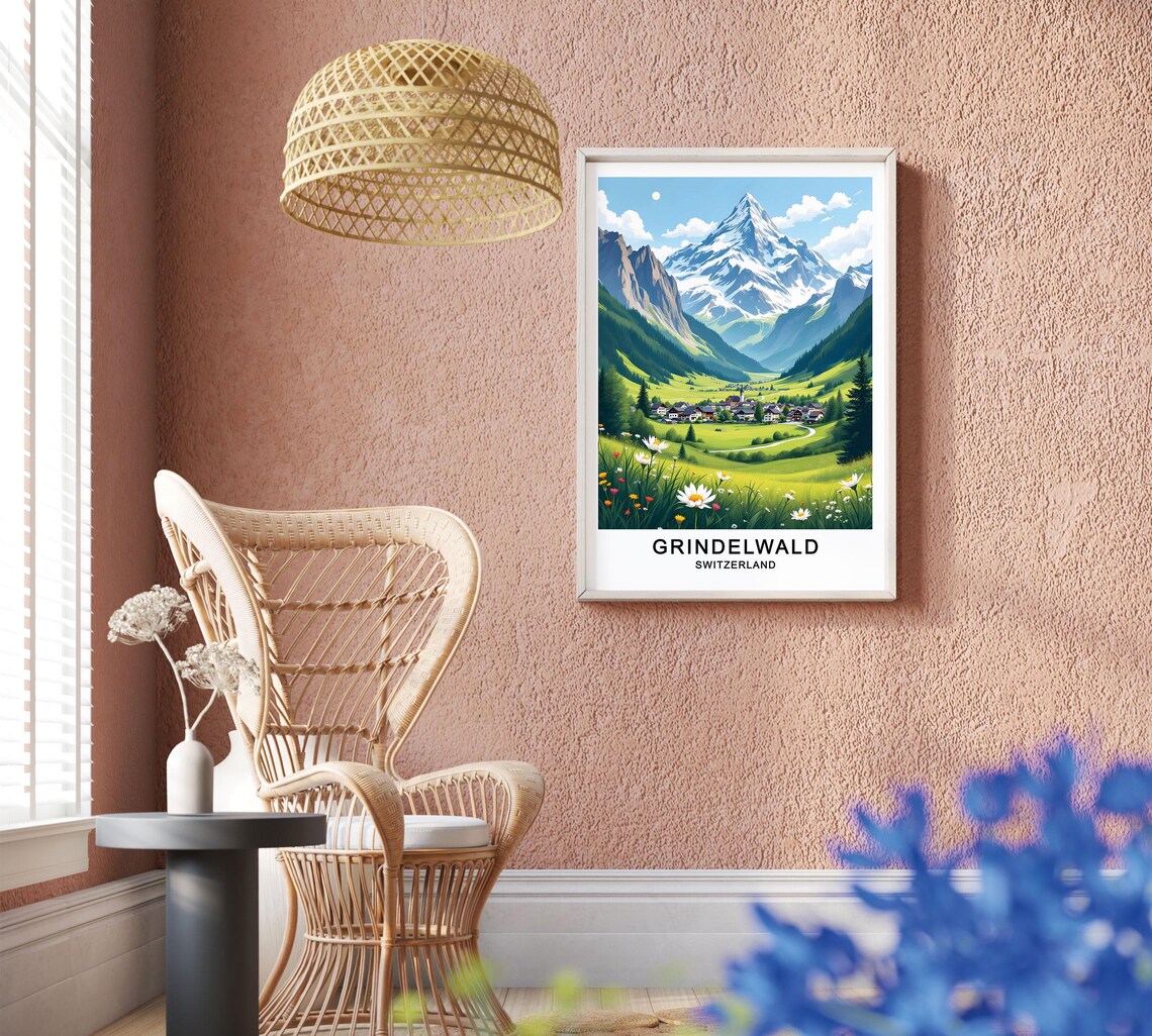 Grindelwald Switzerland Alpine Village Snow Peak Meadow Travel Poster - Image 2