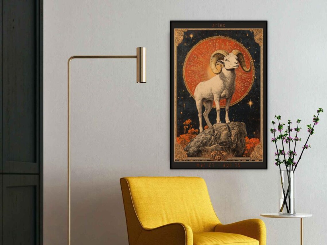 Aries Zodiac Ram Standing Before a Fiery Red Sun Celestial Poster - Image 3