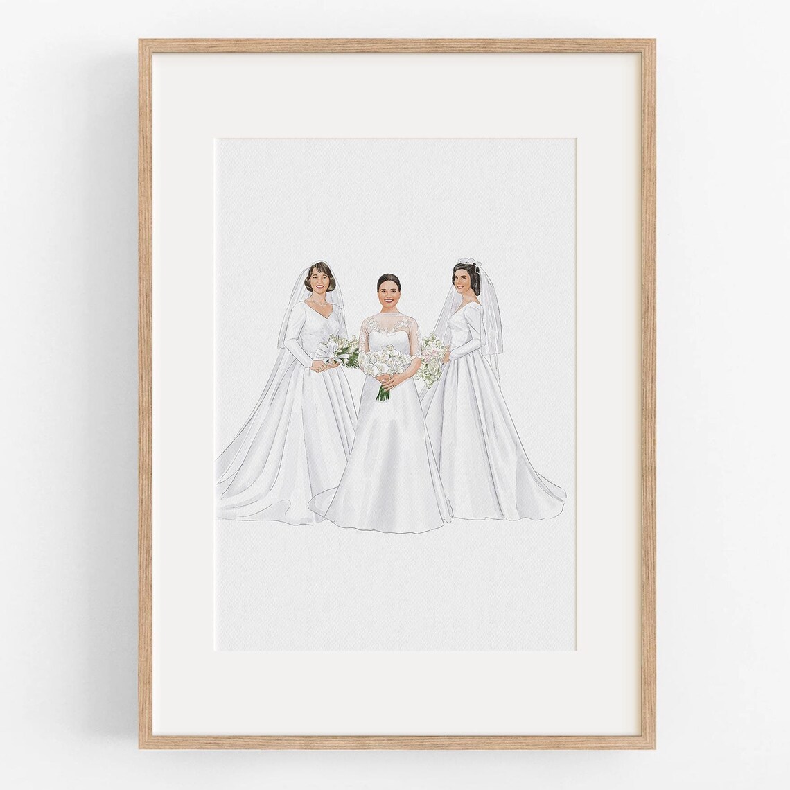 Custom Three Brides Wedding Watercolor Portrait Generations Art Poster