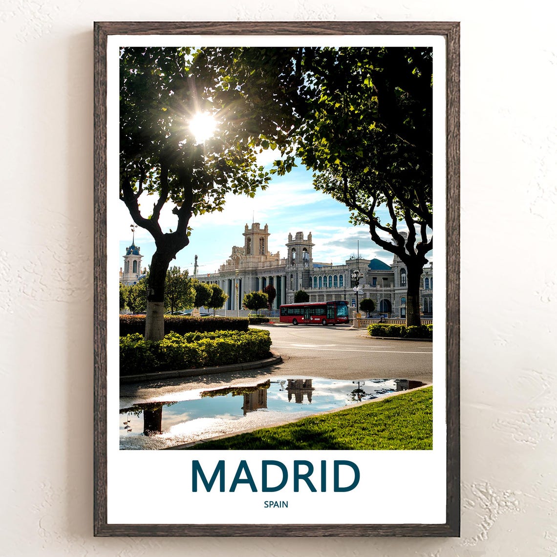 Madrid Sunlit Palace Square Red Bus Photography Travel Poster