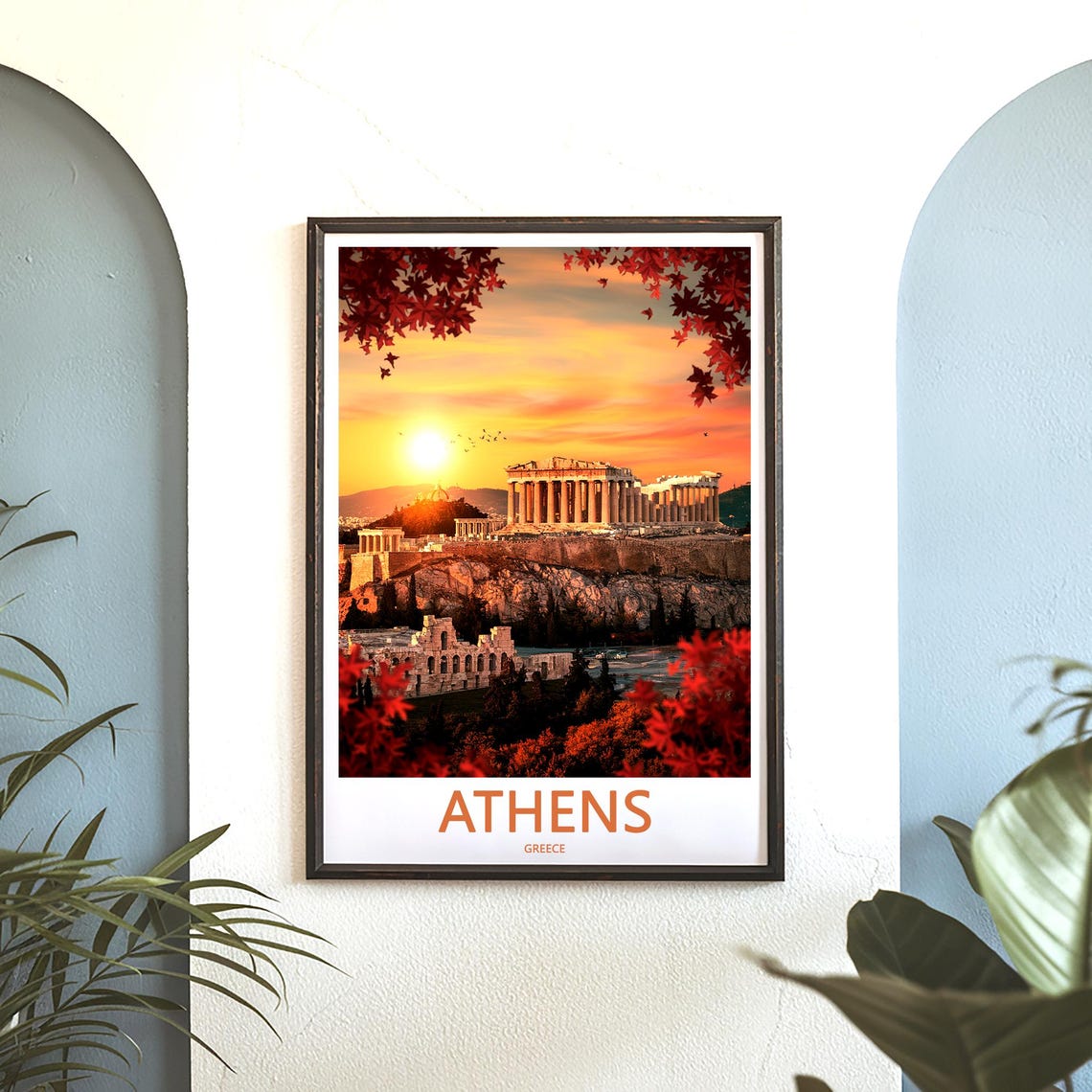 Athens Acropolis Sunset Through Red Autumn Leaves Photo Poster - Image 3