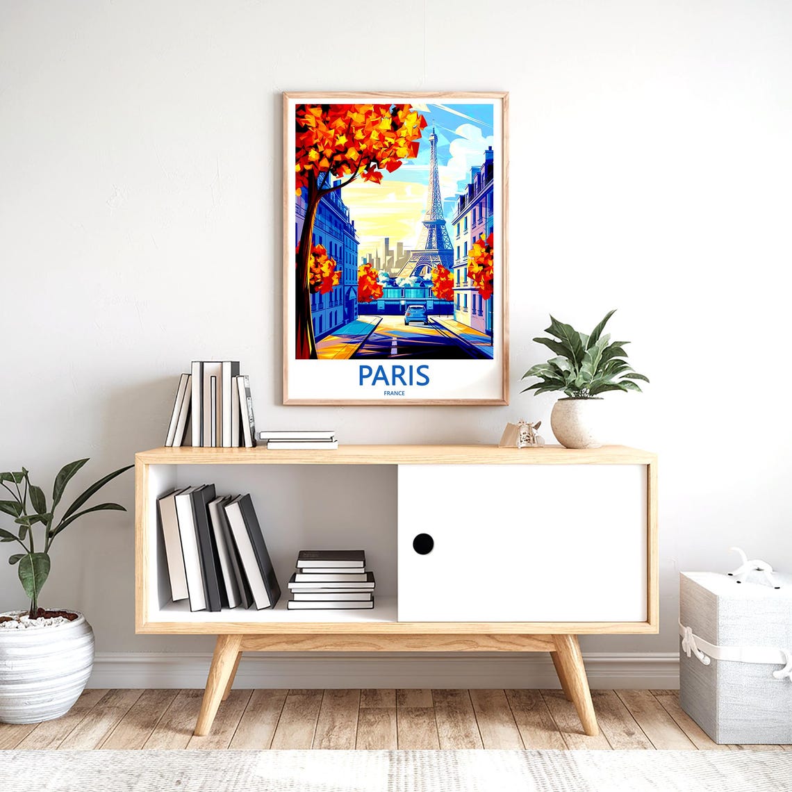 Eiffel Tower Bold Red Autumn Trees Blue Car Graphic Art Poster - Image 2