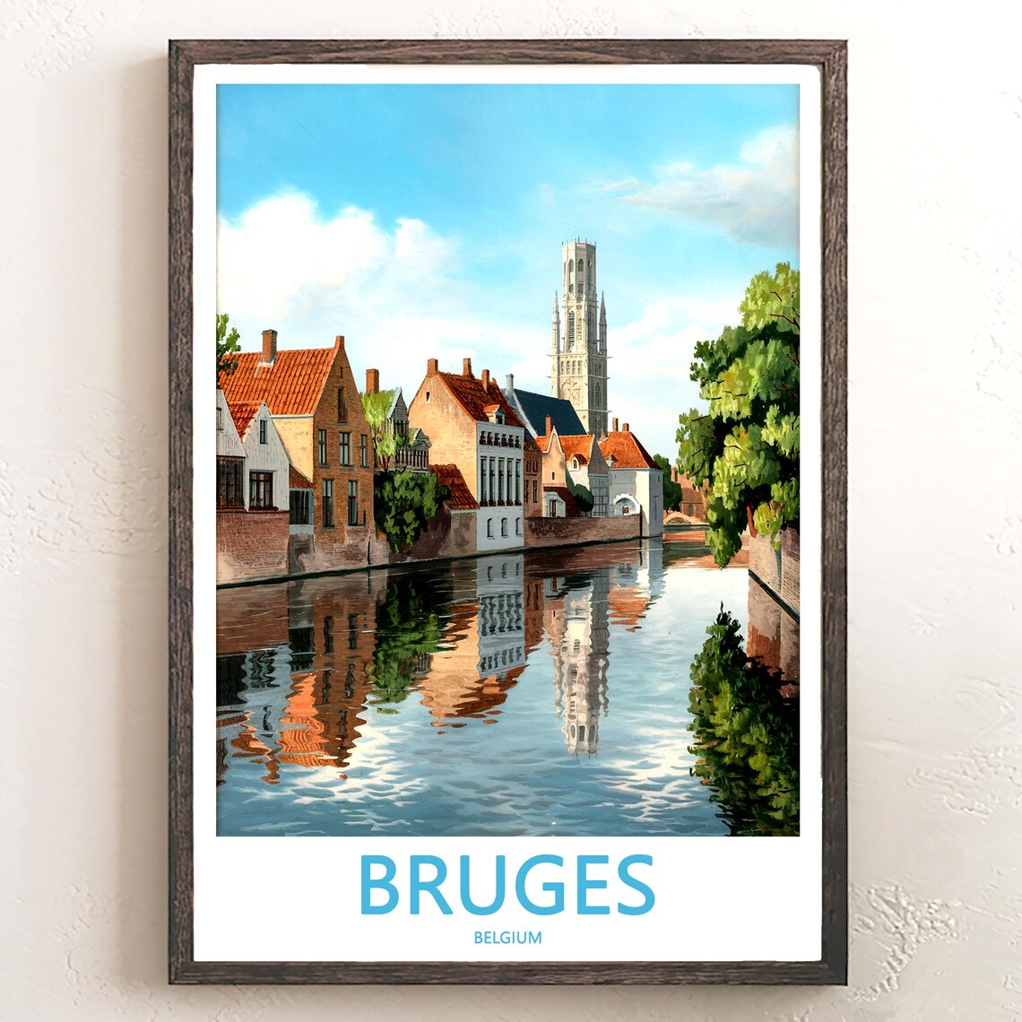 Bruges Belgium Canal Reflections Gabled Houses Church Tower Poster