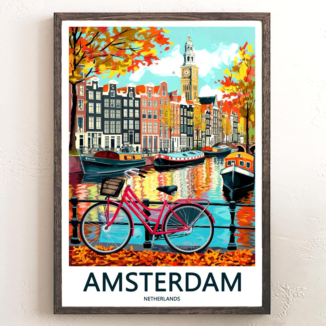 Amsterdam Canal with Pink Bicycle Autumn Leaves Art Travel Poster