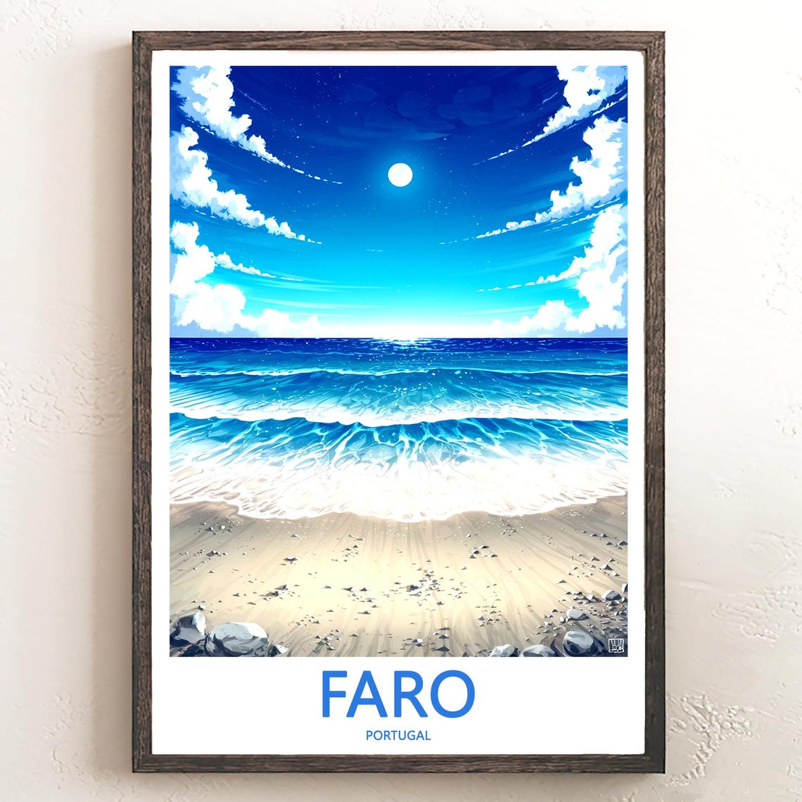 Faro Portugal Moonlit Night Beach with Rolling Waves Anime Poster