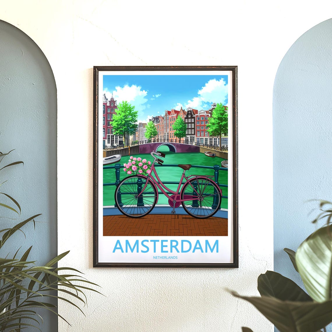 Amsterdam Pink Bicycle Roses Bridge Canal Illustration Poster - Image 3
