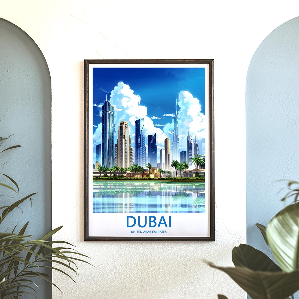 Dubai Burj Khalifa Daytime Skyline with Palm Trees Lakeside Poster - Image 3