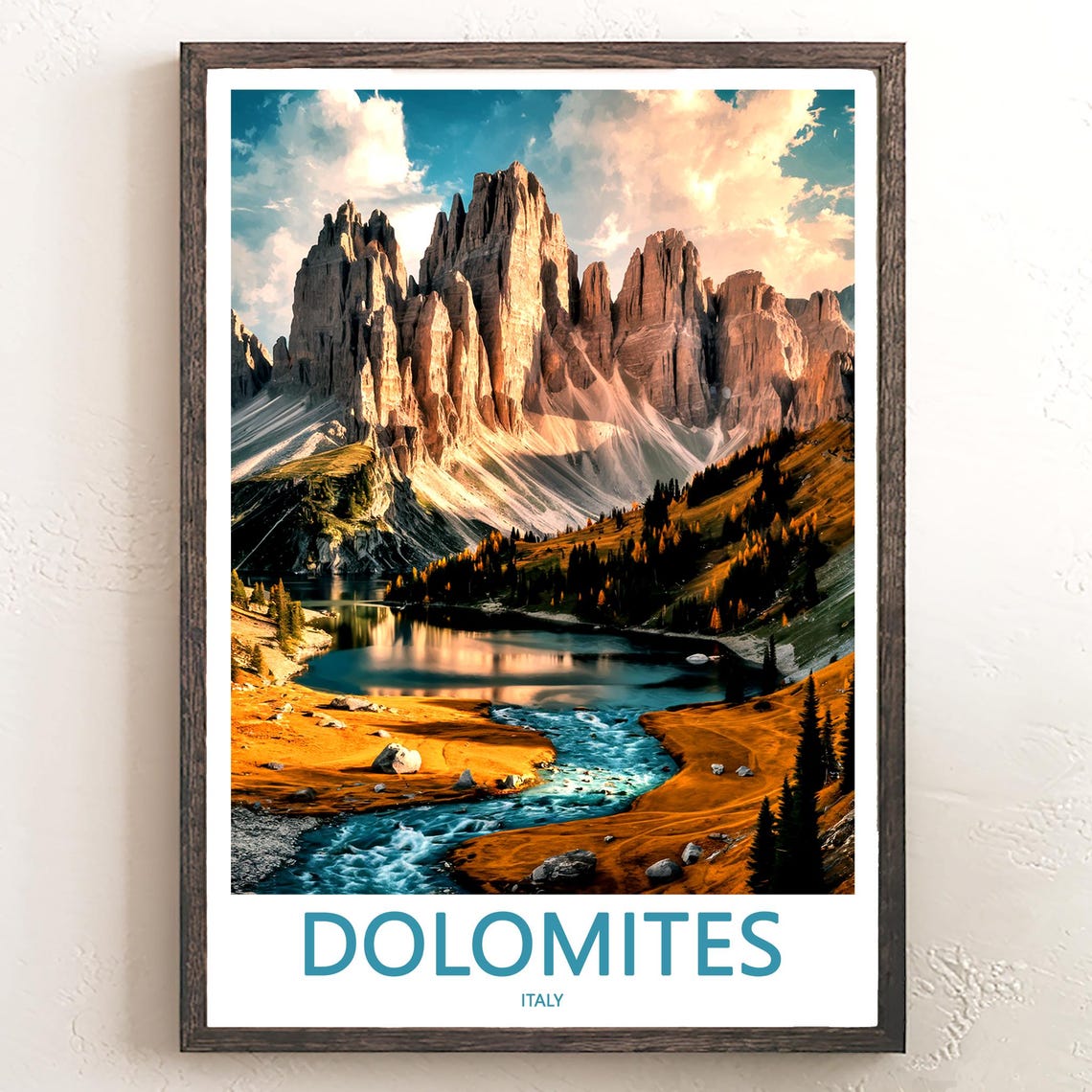 Dolomites Autumn Lake below Rocky Peak Wall Italy Travel Poster