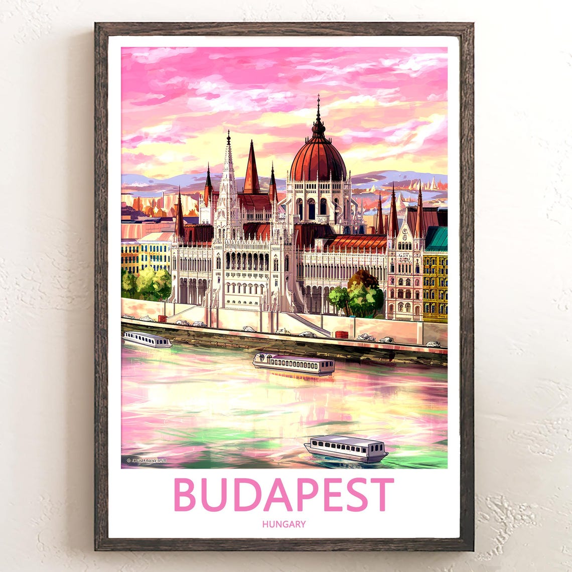 Budapest Hungary Parliament Under Golden Orange Sky Boat Poster