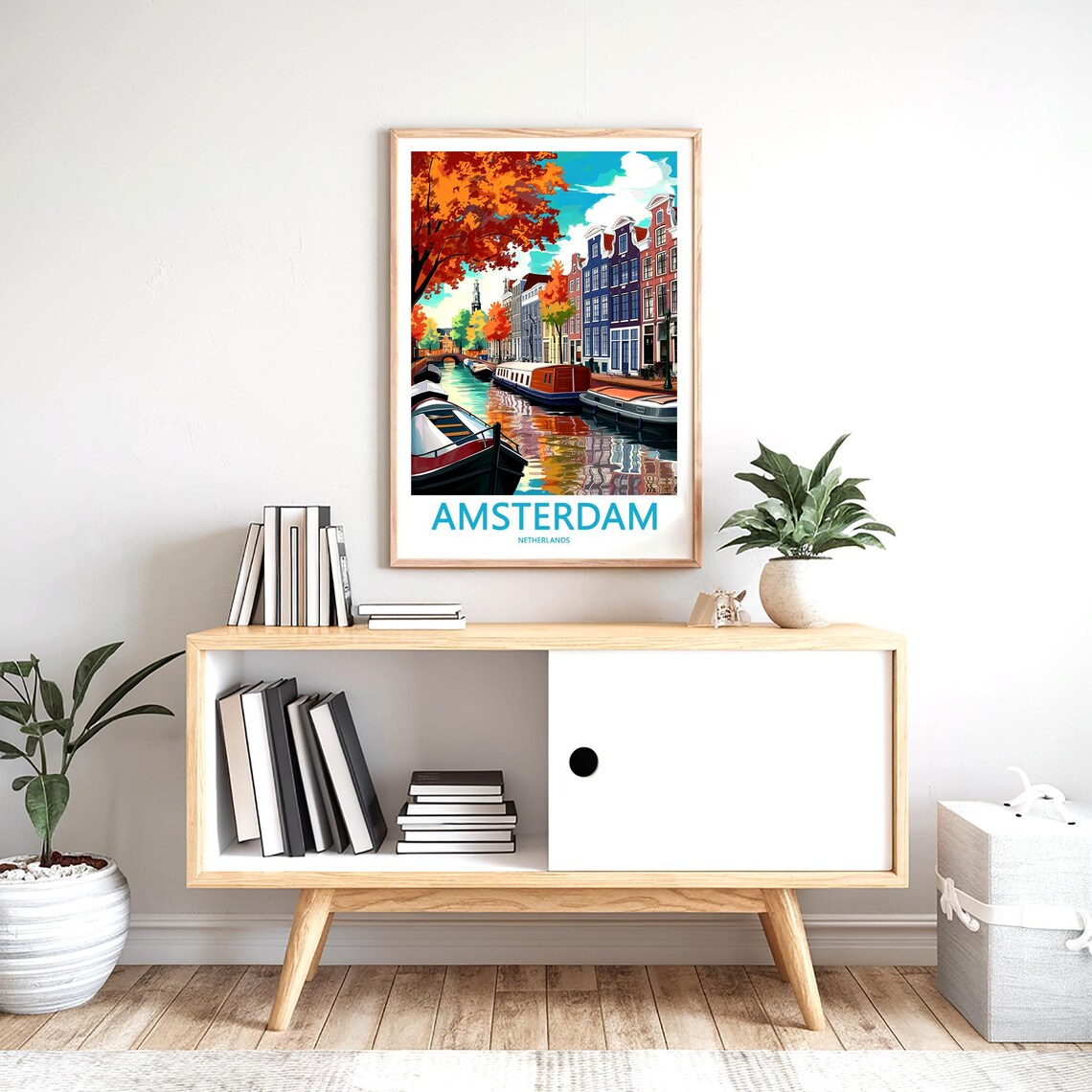 Amsterdam Autumn Canal Bridge Houseboats Vintage Style Poster - Image 2