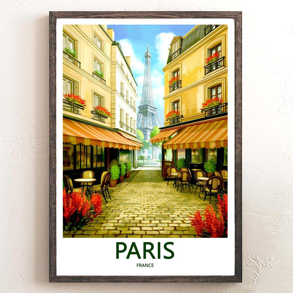 Eiffel Tower Cobblestone Cafe Lane Striped Awnings Paris Poster