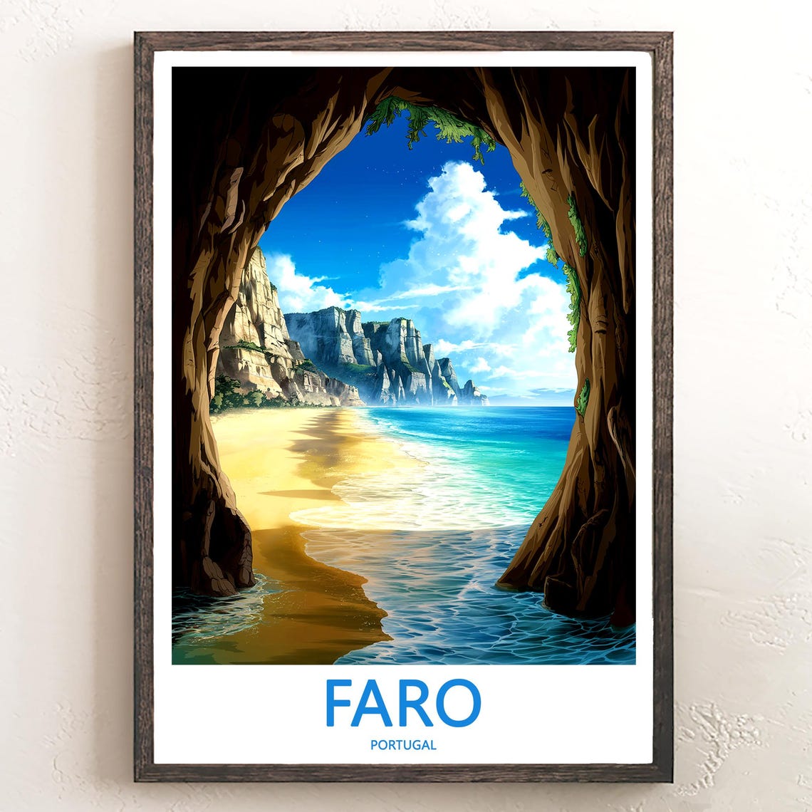 Faro Portugal Anime Style Cave Framing a Sunny Beach and Cliffs Poster