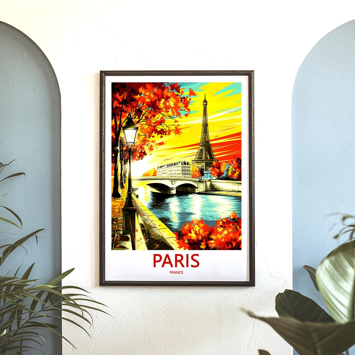 Eiffel Tower at Orange Autumn Sunset Over Seine Bridge Scene Poster - Image 3