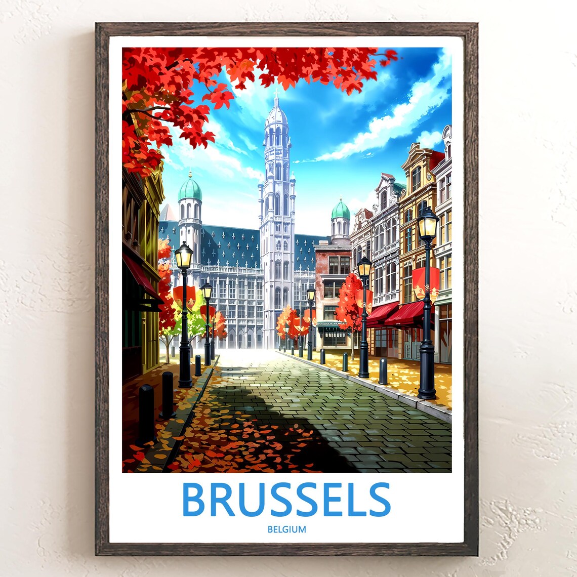 Brussels Belgium Autumn Street Town Hall Scene Travel Poster