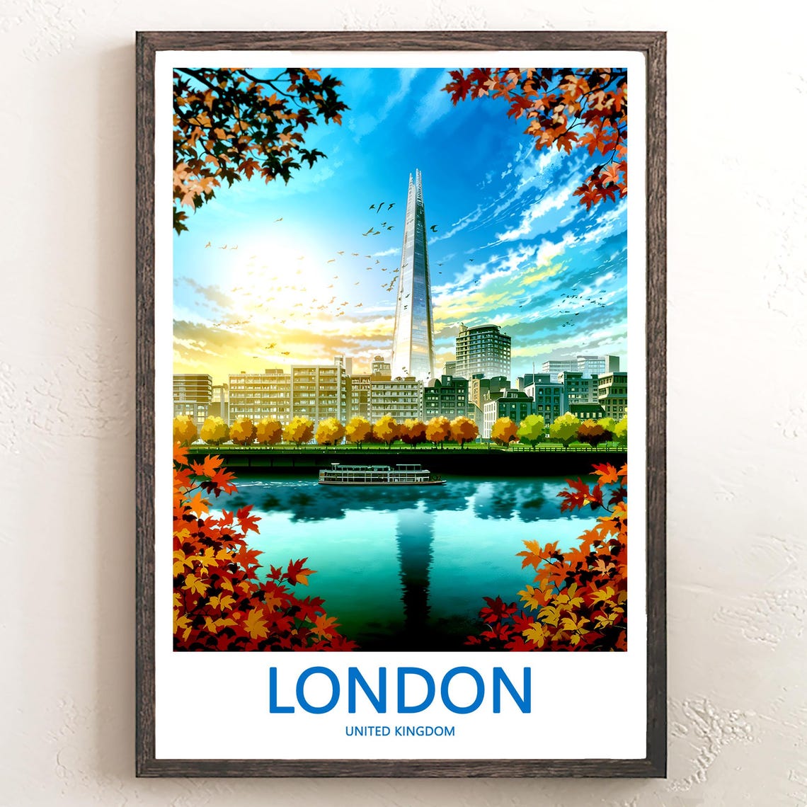 The Shard at Sunrise Framed by Fiery Autumn Maple Leaves Poster