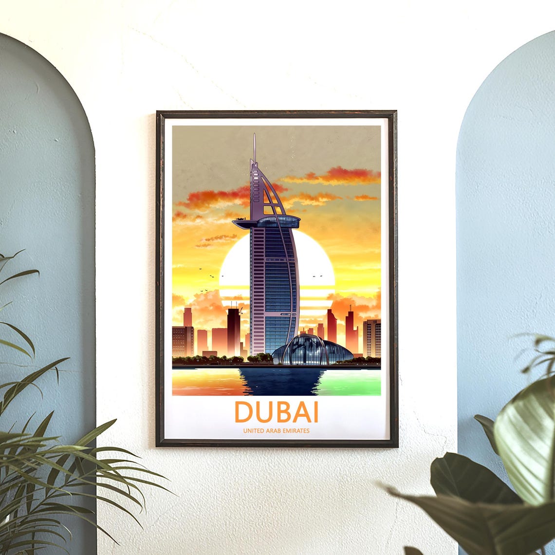 Dubai Burj Al Arab Retro Sunset Under Giant Orange Sky Poster - Image 3
