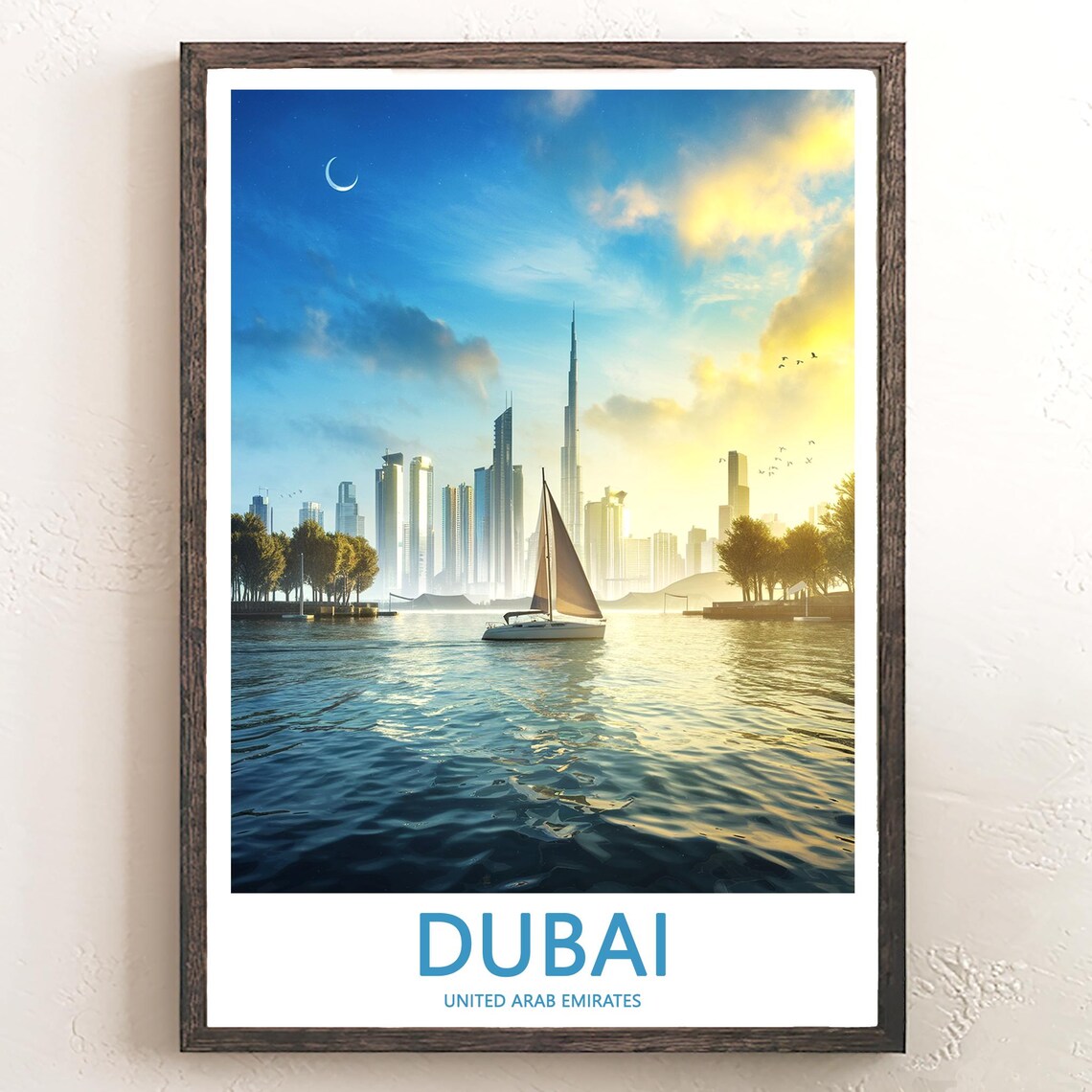 Dubai Marina Golden Sunset Sailboat with Crescent Moon Travel Poster