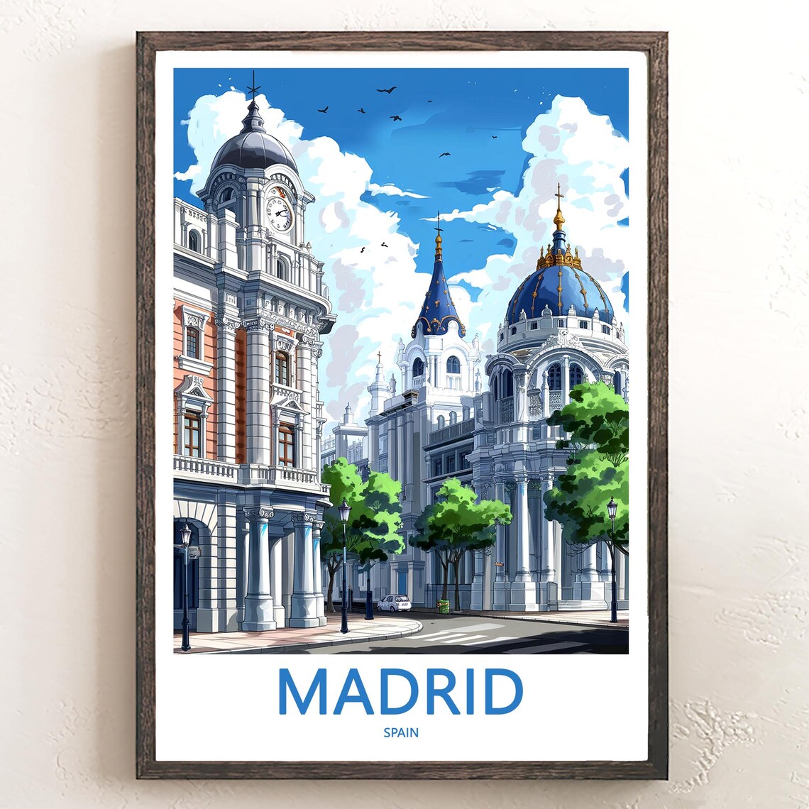 Madrid Gran Via Domed Palace Illustration Blue Sky Art Poster