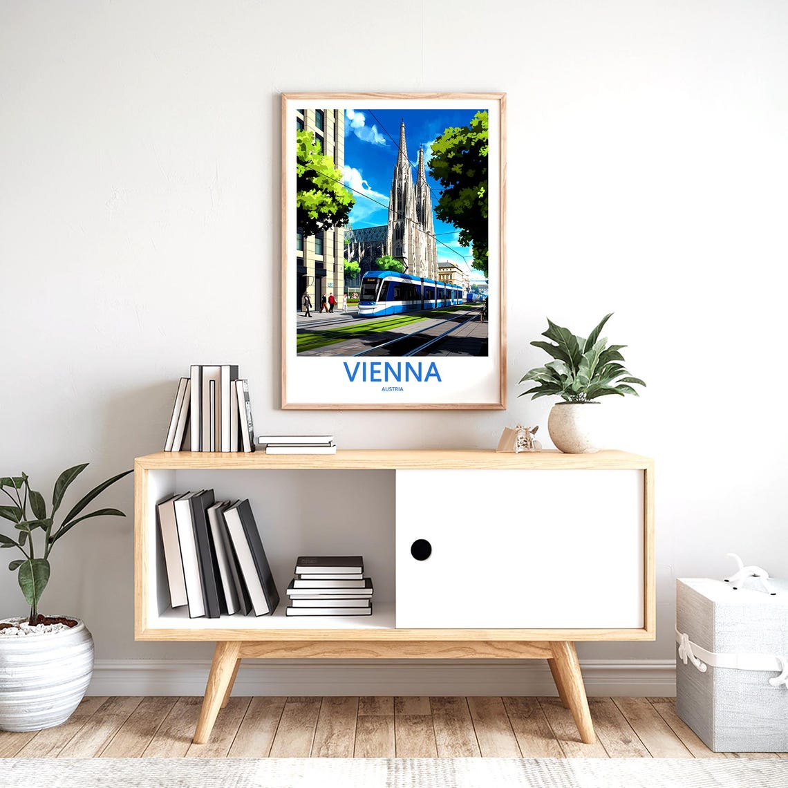 Vienna Austria Blue Tram and Gothic Church Street Scene Poster - Image 2