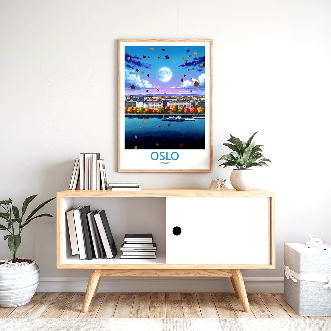 Oslo Moonlit Autumn Fjord Harbor with Falling Leaves Travel Poster - Image 2