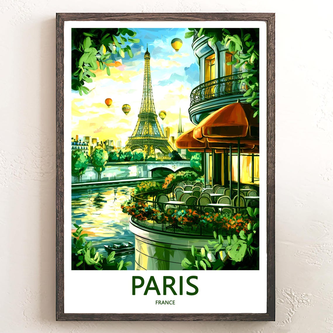 Eiffel Tower Riverside Cafe Orange Awnings Balloons Paris Poster