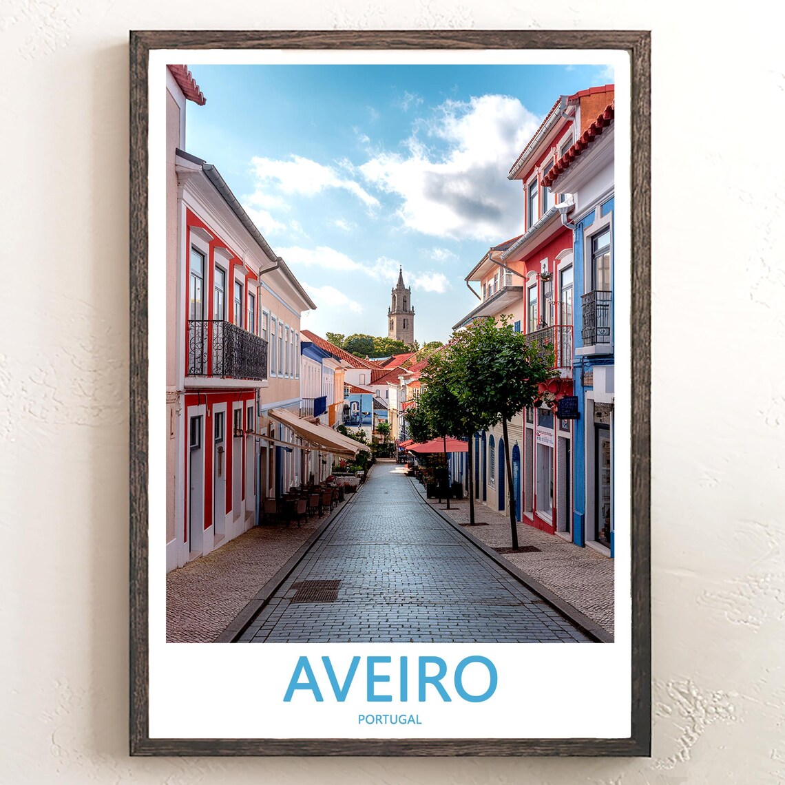 Aveiro Portugal Cobblestone Street Church Tower Cafés Travel Poster
