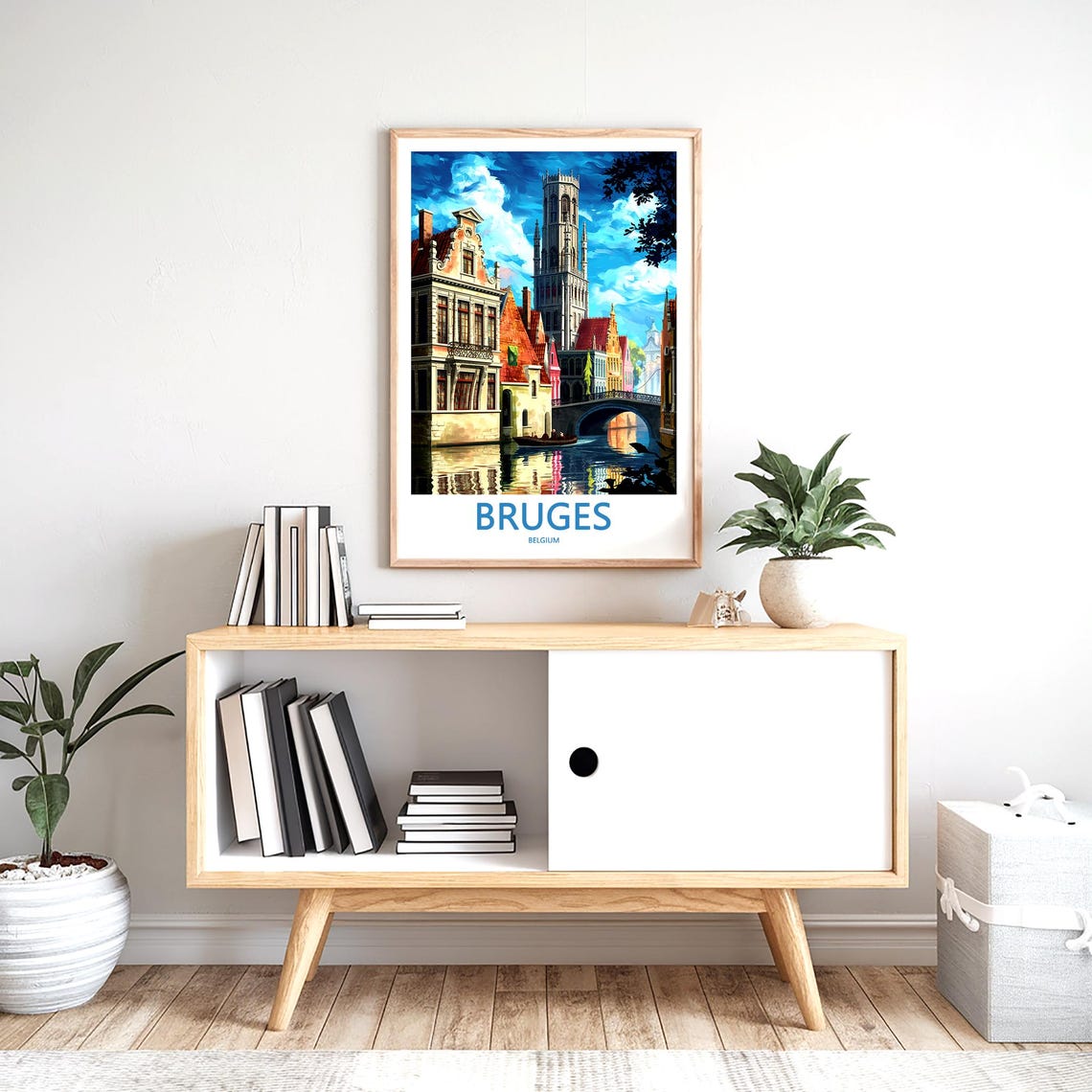 Bruges Daytime Canal Bridge with Belfry Tower Belgium Travel Poster - Image 2